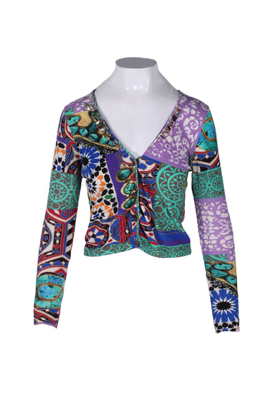 description: blumarine multicolor geometric print long sleeve cardigan. features button down closure at center front, fitted style, v neckline, and rhinestone detailing at neckline. 