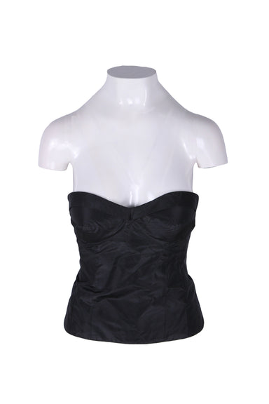 description: tibi black strapless bustier silk top. feature folded neckline top, padded, underwired bra, fitted style, and zipper closure at center back. 