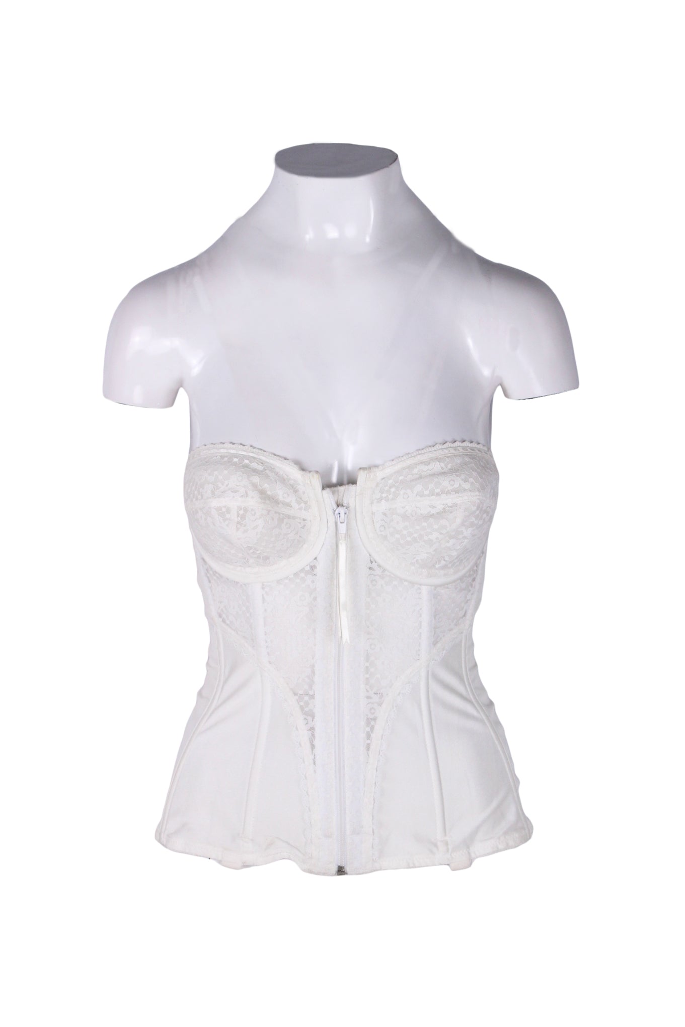 front of vintage lady marlene white corset. features sweetheart neck, lace embellishment, paneled construction,  underwire at padded cups, v cut at open back, hidden hook-eye and zip closure at front. 