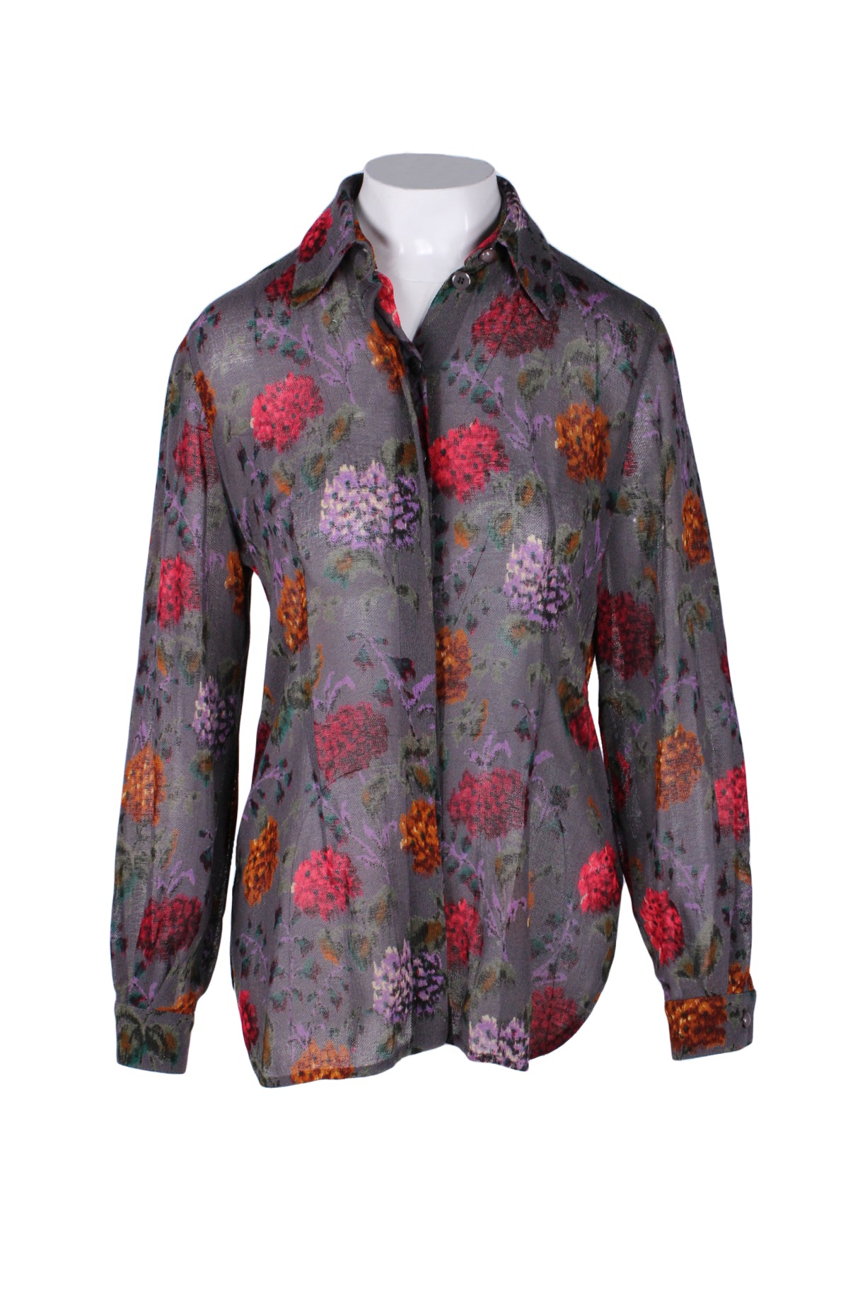 front angle of vintage ungaro grey purple floral long sleeve button up shirt. features sheer wide weave throughout, elongated pointed collar, buttoned cuffs and covered button closure up center.