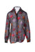front angle of vintage ungaro grey purple floral long sleeve button up shirt. features sheer wide weave throughout, elongated pointed collar, buttoned cuffs and covered button closure up center.