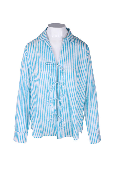 front angle of alix of bohemia teal and white striped long sleeve blouse on fem mannequin torso. features four attached bow ties down center, semi-sheer vertical striped fabric throughout, and v-neckline with pointed collar. 