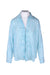 front angle of alix of bohemia teal and white striped long sleeve blouse on fem mannequin torso. features four attached bow ties down center, semi-sheer vertical striped fabric throughout, and v-neckline with pointed collar. 