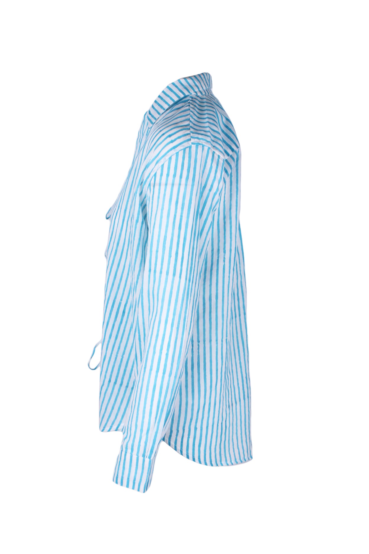 side angle of striped shirt. curved hem. 