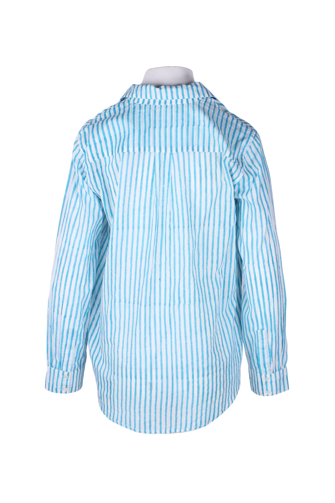 back angle of striped long sleeve shirt. buttoned cuffs. 