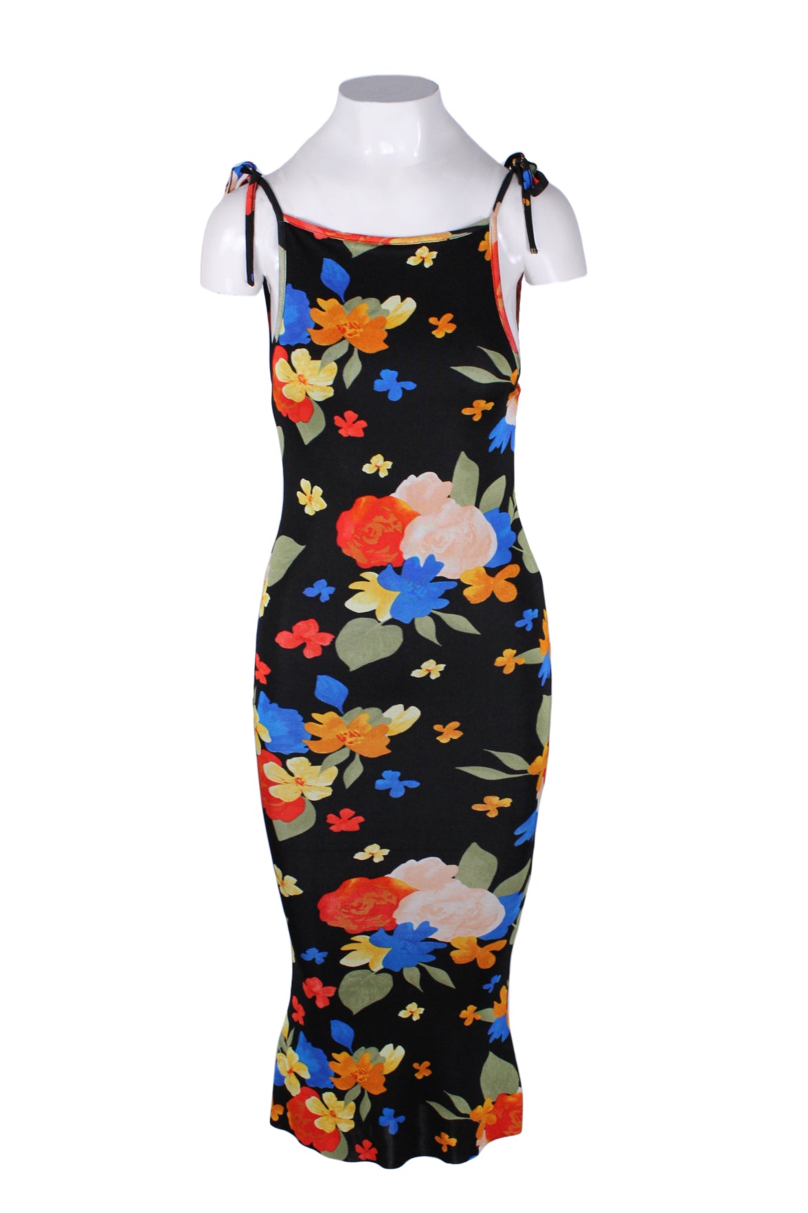 description: danielle bernstein by weworewhat black and multicolor floral print midi dress. features tie closure at shoulders, fitted style, and square neckline. 