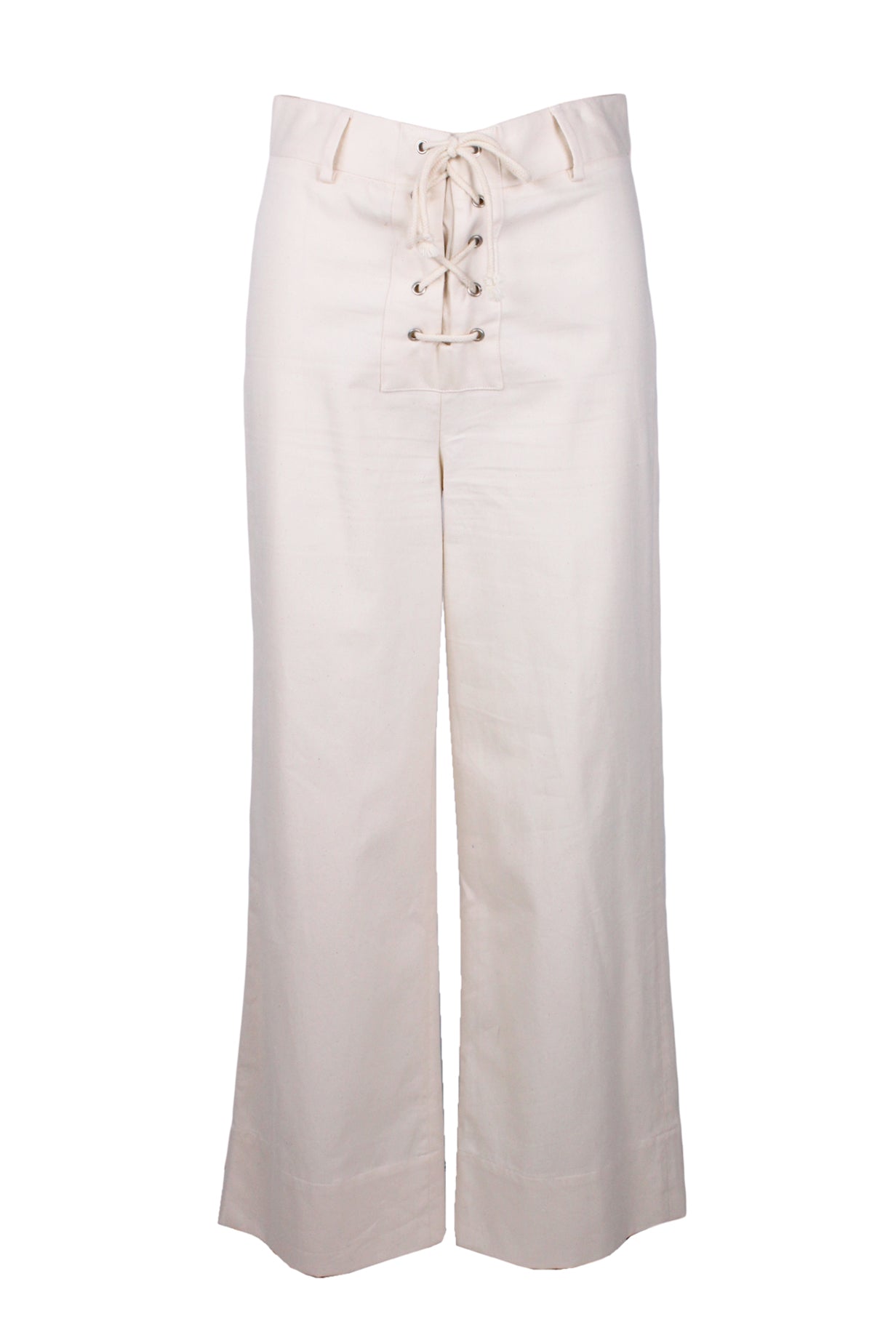 front of baserange off white wide leg pants. features waist loops, high-rise, tonal stitching, and eyelets with drawstring closure at front. 