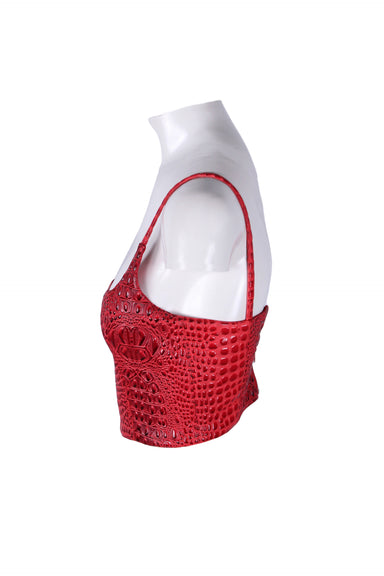 profile of red croc-embossed tank top with cropped length and fitted silhouette