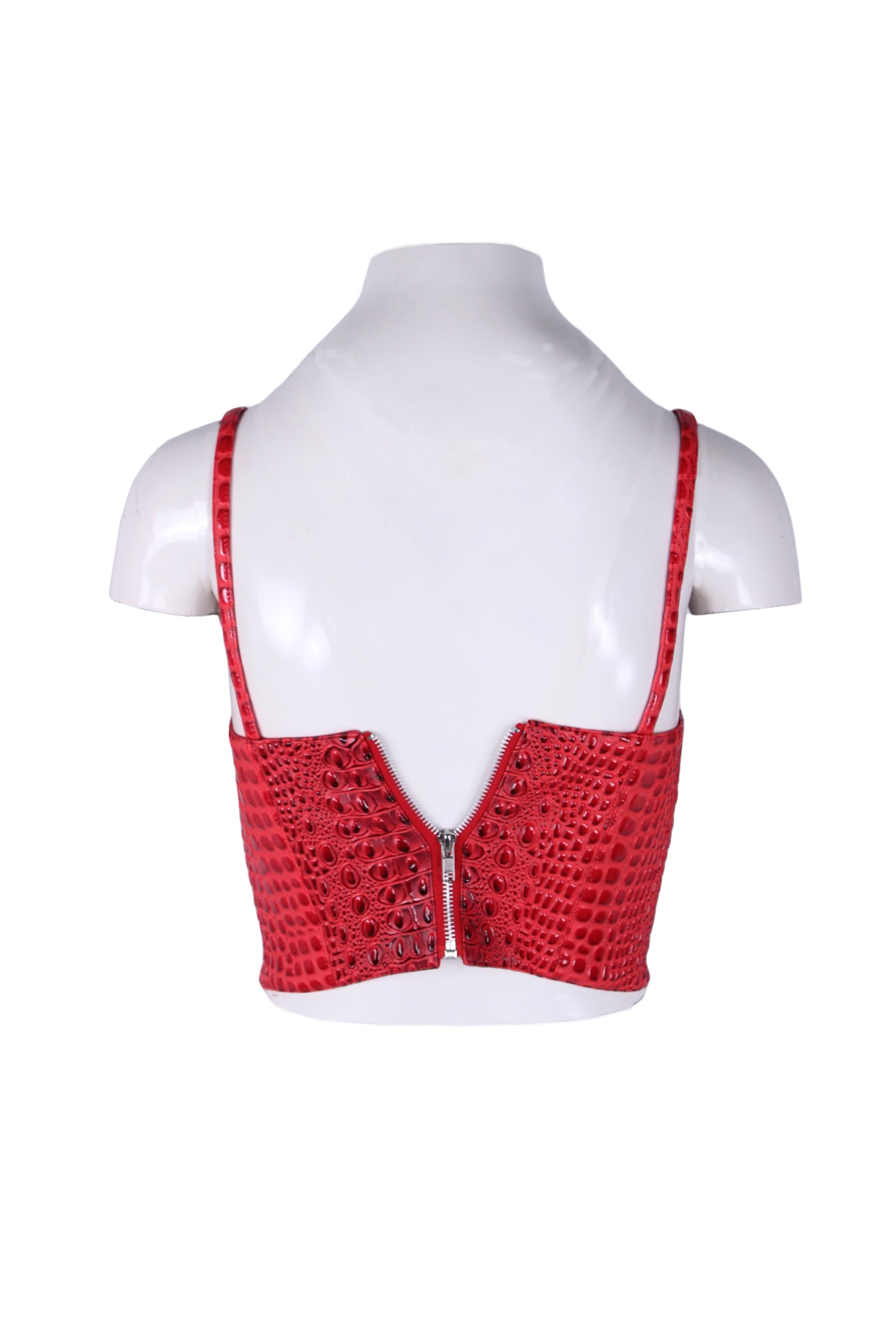 rear of red croc-embossed cropped tank with a back silver toned metallic zipper closure. 