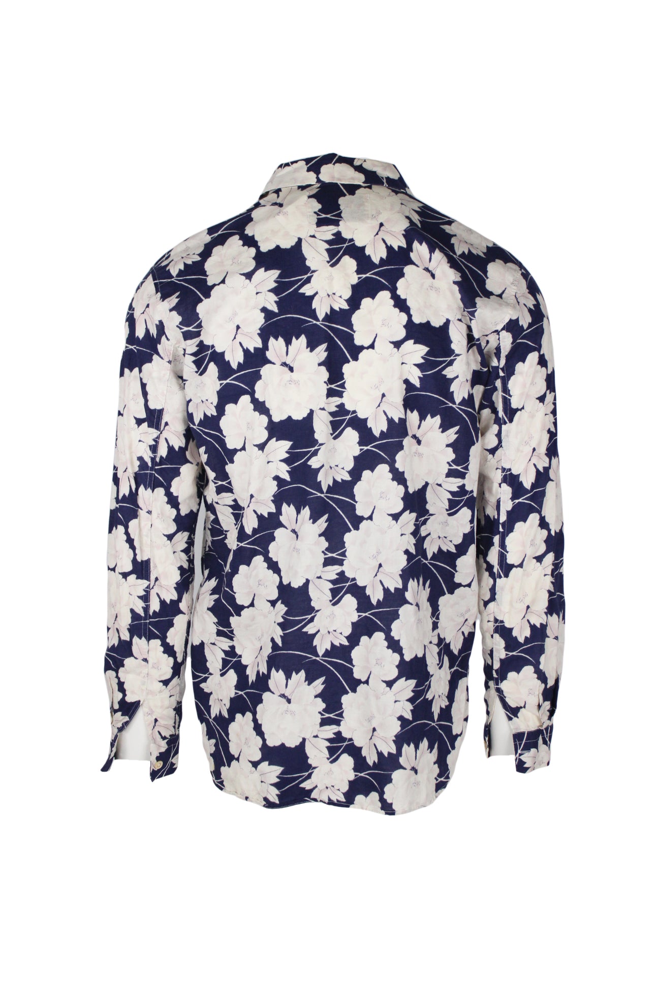 back angle of long sleeve floral shirt. features buttoned cuffs. 