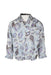 front angle of sparkle classico blue marbleized shell button up shirt. features all over print of black and purple sea shells with marbled background, single pokcet over heart, long sleeve with buttoned cuffs, and small pointed collar. 