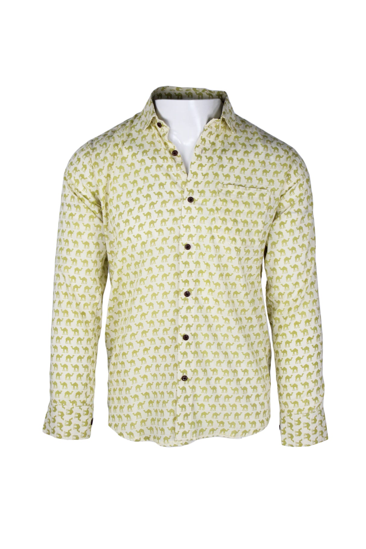 front view of unlabeled off-white/avocado long sleeve button up shirt. features camel pattern throughout, pocket at left breast, and buttons at cuffs. 
