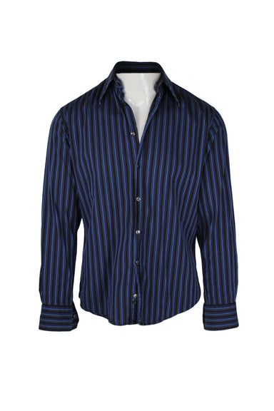 front angle of versace collection blue and black striped button up shirt on masc mannequin. features grey branded button closure, long pointed collar, buttoned cuffs, rounded hem, and all over vertical multi-blue stripes throughout. 