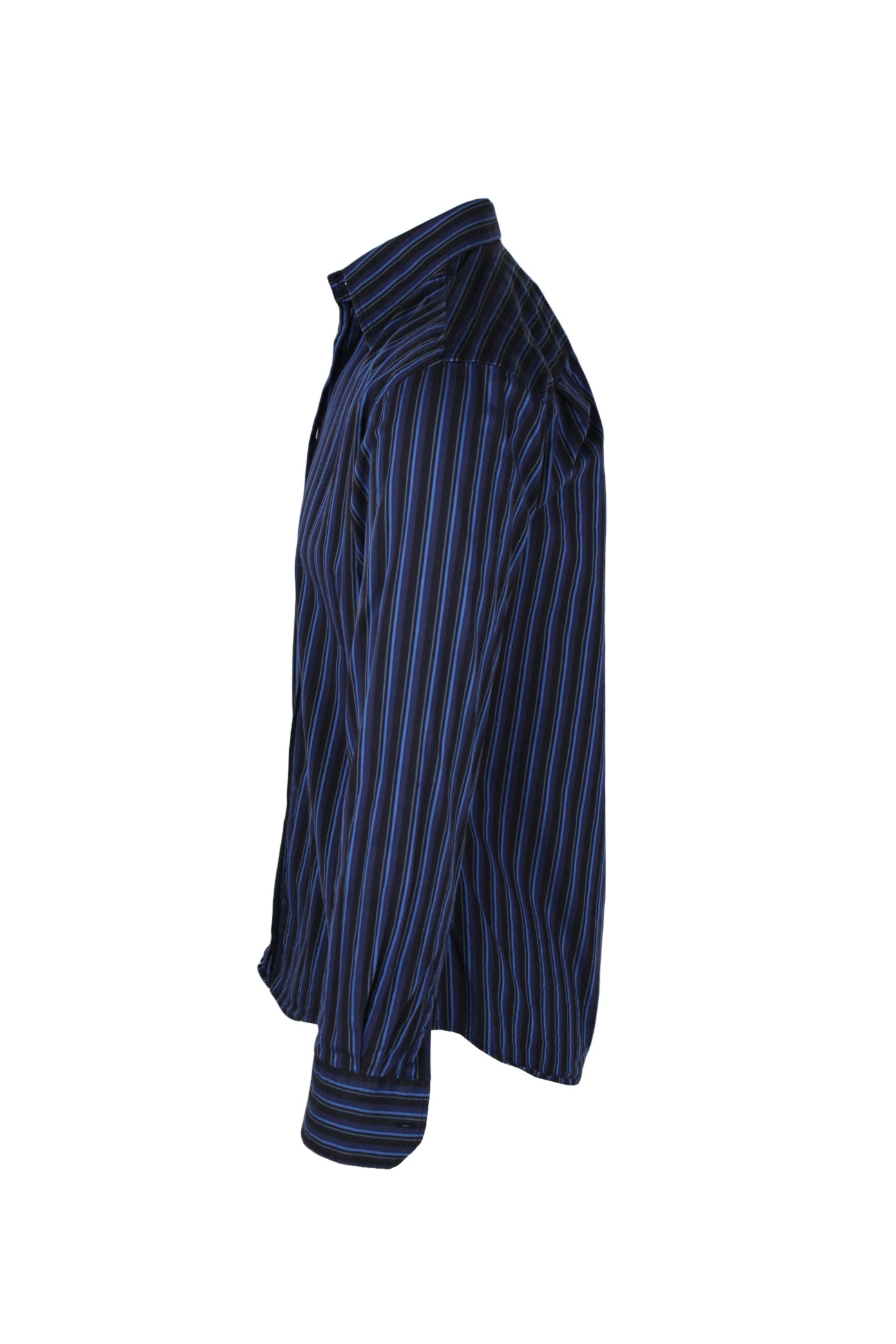 side angle of versace vertical striped button up shirt. 