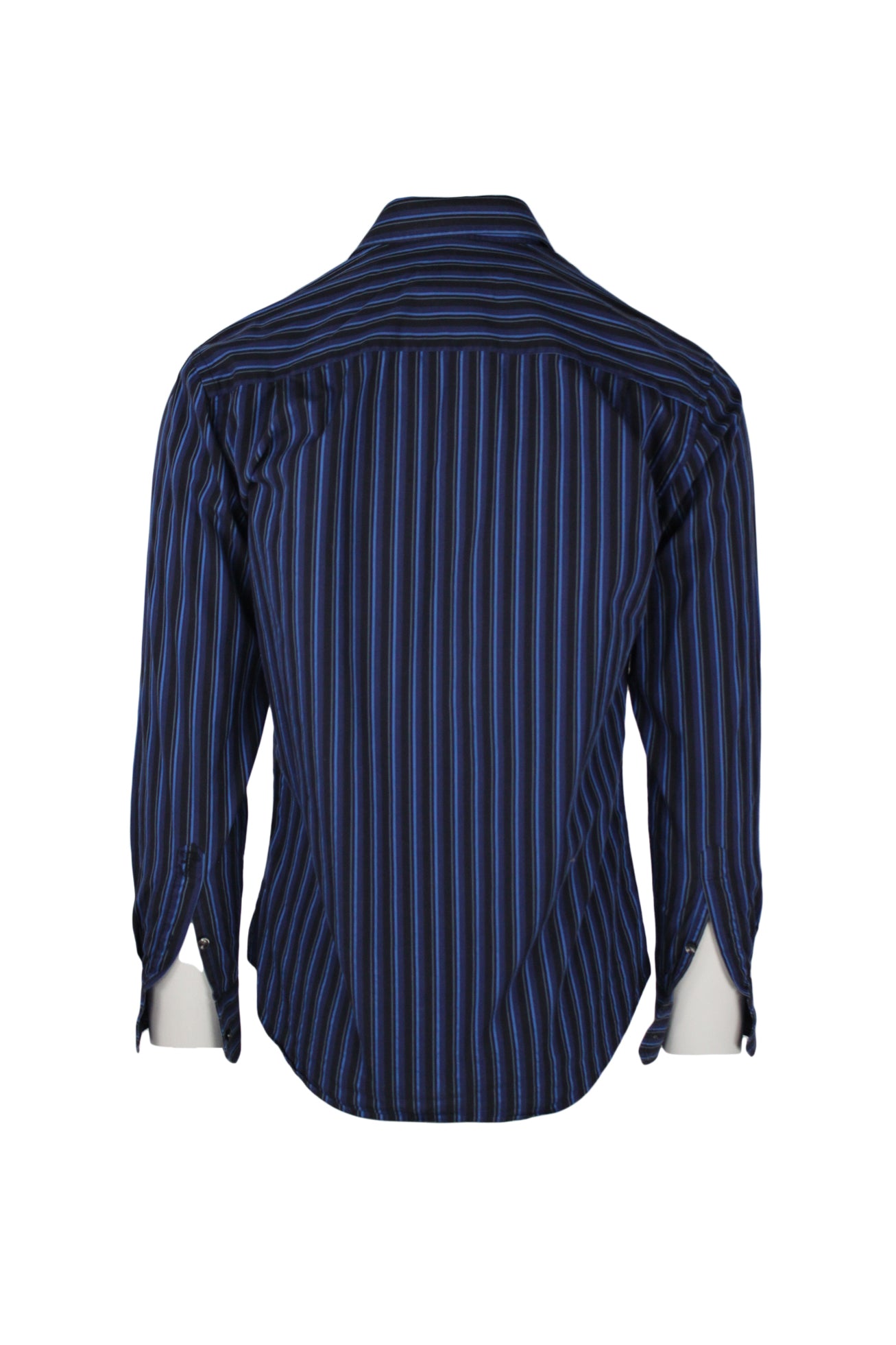 back angle of long sleeve button up shirt. features buttoned cuffs. 