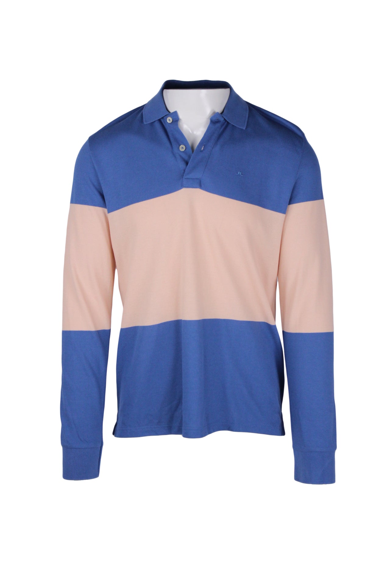 front view of j.lindeberg blue/mauve ‘luke pique’ long sleeve rugby shirt. features logo embroidered at left breast, mauve horizontal accent stripe across chest/back/sleeves, double button placket, and ribbed collar/cuffs.