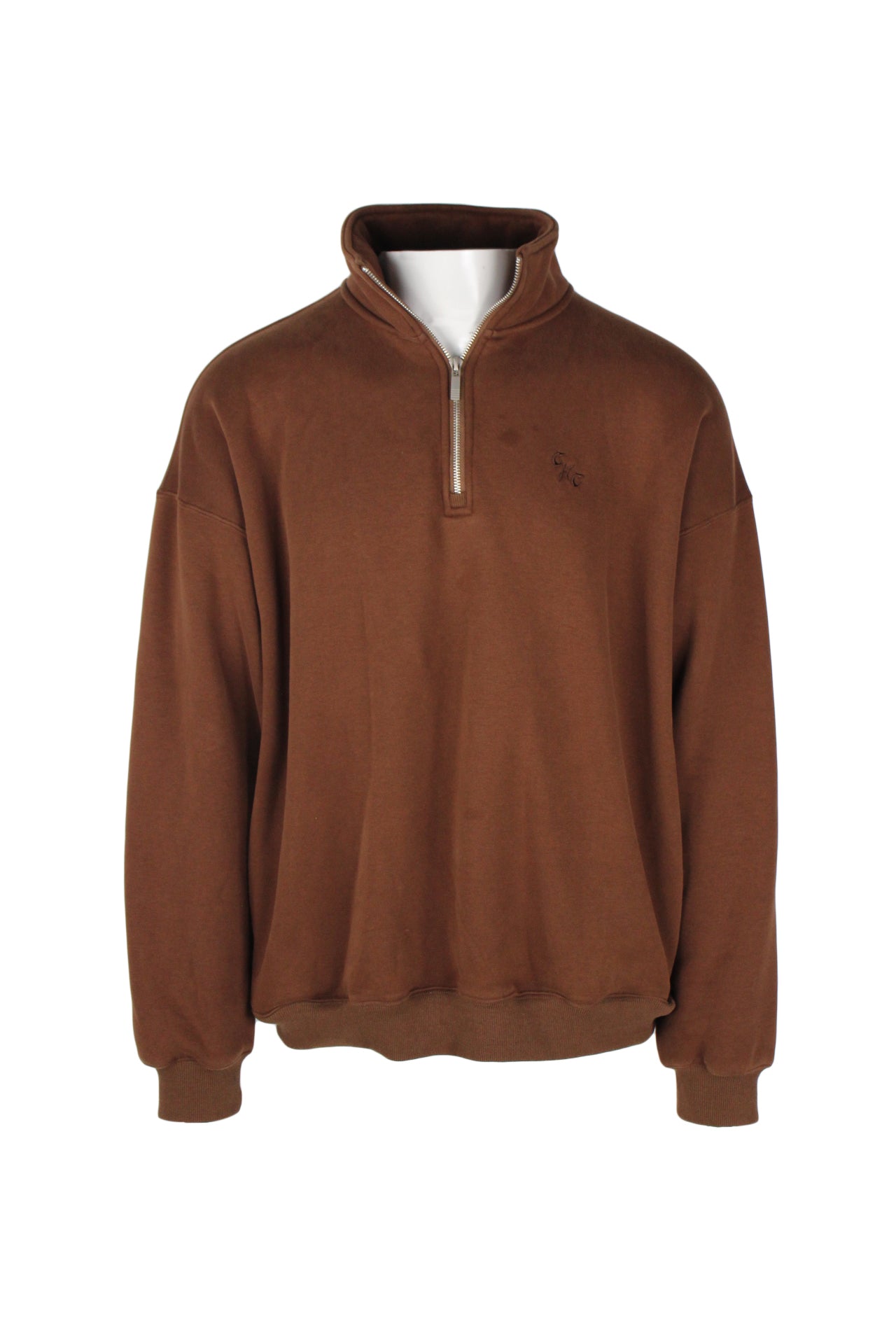 front view of cash hooked cloth brown pullover sweatshirt. features ‘chc’ logo embroidered at left breast, zip placket, side hand pockets, and ribbed cuffs/hem.
