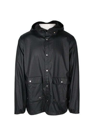 front view of herschel black snap up hooded waterproof rain jacket. features front snap flap pockets, elastic at cuffs, and mesh ventilated back flap.