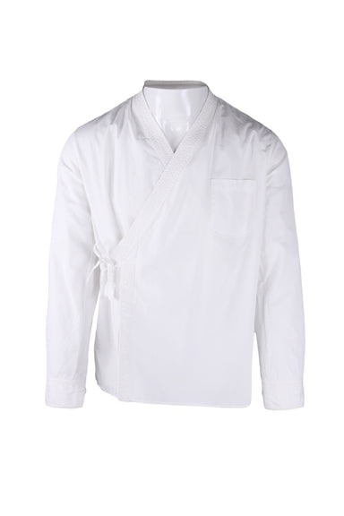 front angle of 3.1 phillip lim white long sleeve dress shirt. features cross over tie closure with three buttons on right, single pocket over heart, v-neckline, and long buttoned sleeves. 
