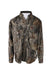 front angle of woolrich khaki real tree button down shirt. features button down collar, two breast pockets with flap button closure, buttoned cuffs, branded leather patch on left pocket with text 'woolrich'. 