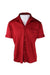 front angle of vintage jc penny short sleeve button up polyester shirt on masc mannequin torso. features elongated 1970's pointed collar, single buttoned pocket over heart, cuffed sleeves, and small check pattern throughout.  