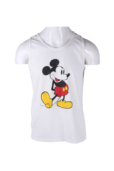 front angle of vintage white mickey mouse tank top on masc mannequin torso. features colorful smiling mickey print on front only. 