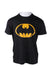 front angle of vintage bloopers! black batman t-shirt on masc mannequin. features yellow batman silhouette across chest, rounded ribbed collar, short sleeves, and single stitch hem/cuffs. 