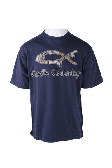 front angle of legendary navy blue gods country t-shirt. features fish in camouflage print above text 'god's country', short sleeves, and high rounded ribbed collar. 