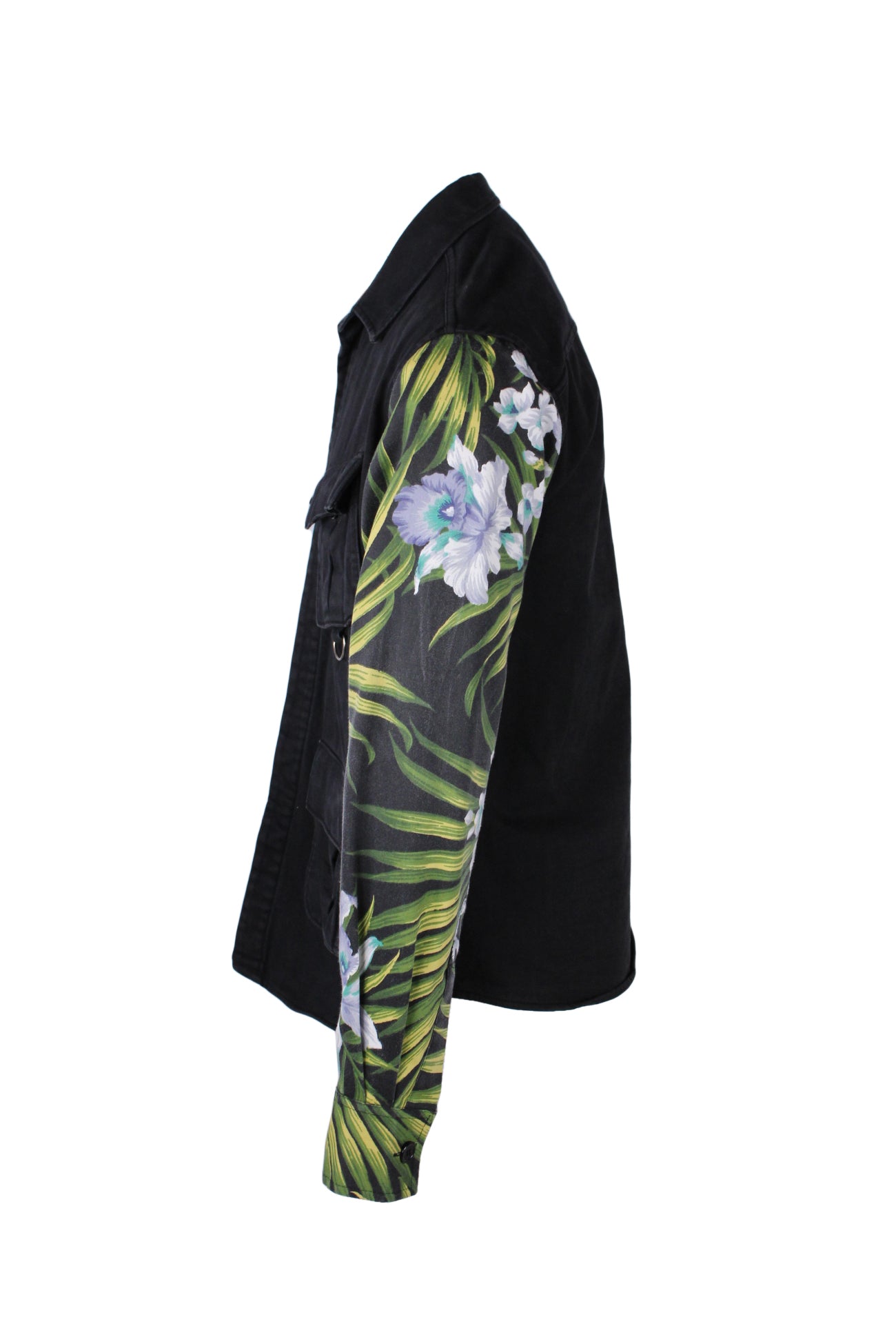 left side view with tropical pattern on sleeve of jacket.