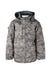 front view of unlabeled army digital camo zip up nylon waterproof hooded parka jacket. features vertical zip chest pockets, front velcro flap/side hand pockets, velcro at cuffs, underarm zip vents, elastic at hem, and optional hood within collar.