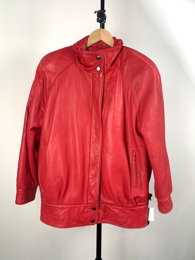 Red leather jacket front against a white background