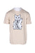 description: kappa kitty at front black and white print beige short sleeve tee. features crew neckline, loose fit, and straight bottom hem. 