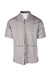 front angle ayme light gray short sleeve ecuadorian button-up souvenir shirt on masculine mannequin torso featuring beige embroidery & pleating at front panels, lower patch pockets, band collar, and slit side seams. 