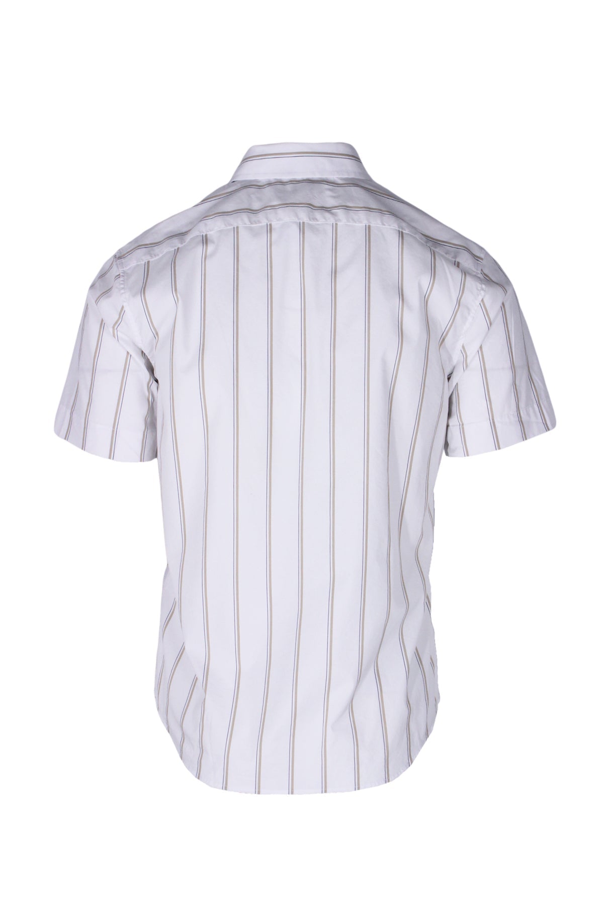 back angle banana republic striped short sleeve button-up shirt on masculine mannequin torso.