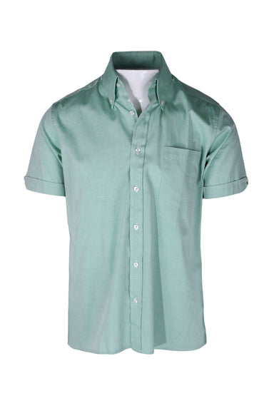 front view of rt gallery mint green ‘baxter’ short sleeve button up cotton shirt. features button down collar, left breast pocket, buttons at cuffs, and contrast white stitching throughout.