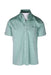 front view of rt gallery mint green ‘baxter’ short sleeve button up cotton shirt. features button down collar, left breast pocket, buttons at cuffs, and contrast white stitching throughout.