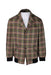 front angle of denis simachev brown and green plaid jacket. features notched collar, button closure up center, flap handwarmer pockets, single slit pocket over heart, and black ribbed hem/cuffs. 