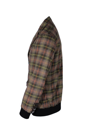 side angle of plaid jacket. oversized four horn button cuffs, ribbed hem/cuffs. 