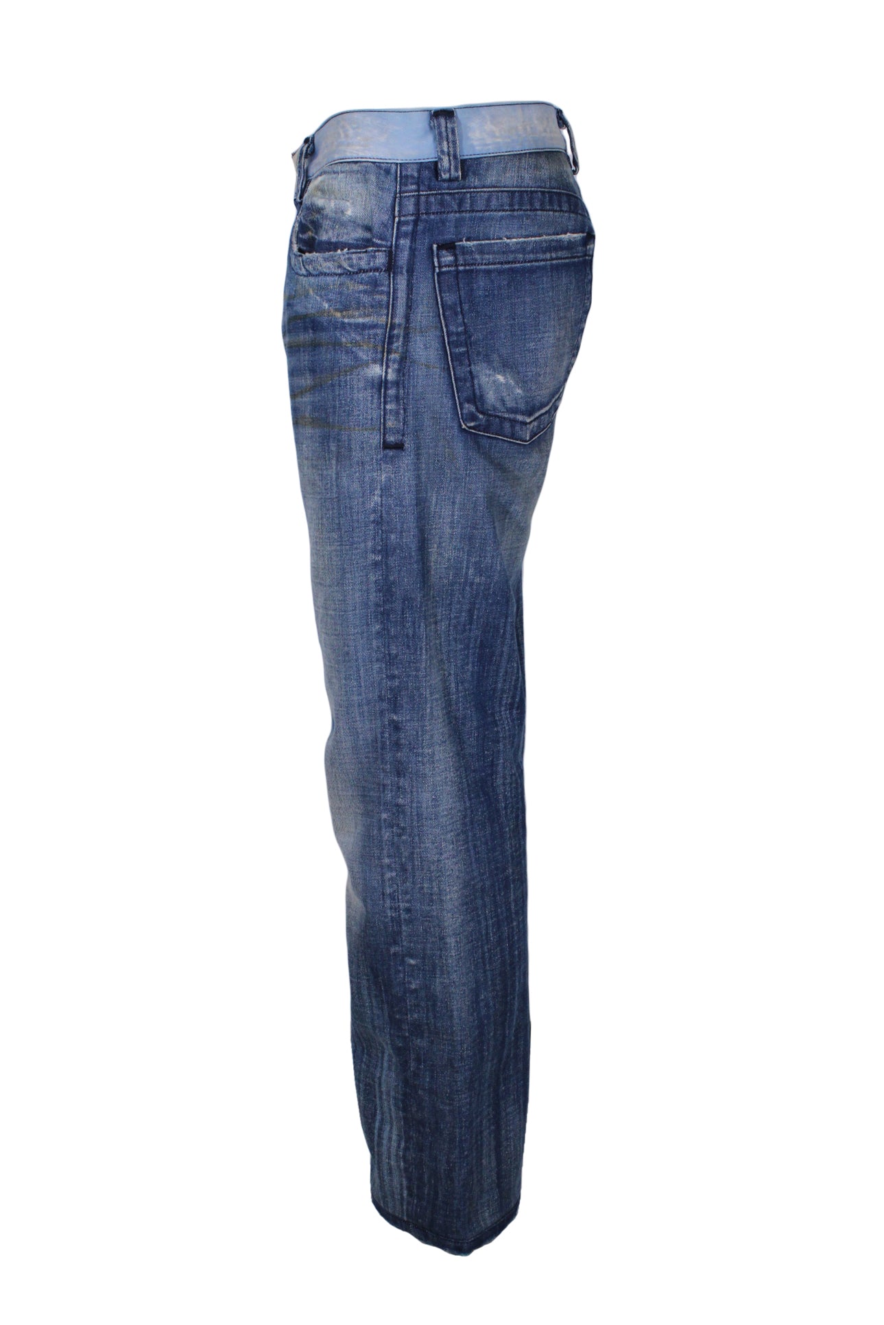 side angle of distressed diesel blue jeans. 