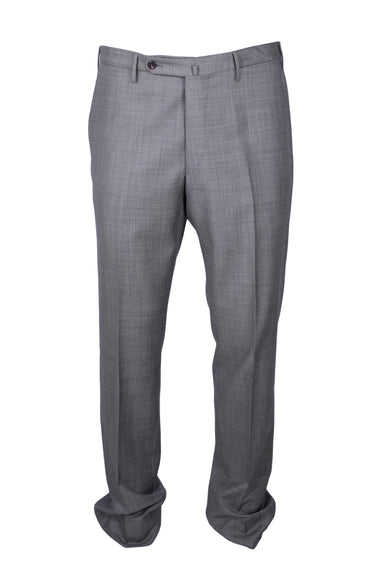 front angle of incotex grey trousers. features grey topstitching, fold over button/zip closure, belt loops, slit hip pockets, and straight tapered leg. 