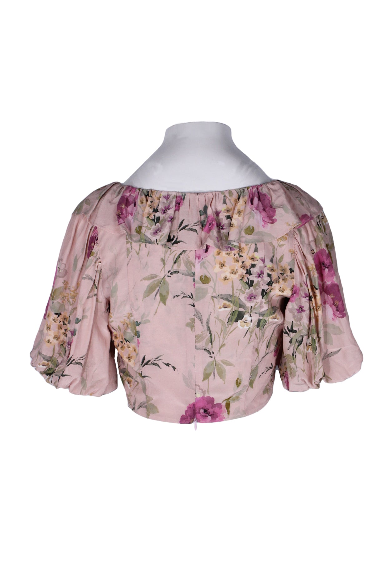 back angle yumi kim floral print crop top on feminine mannequin torso featuring invisible back zip closure.
