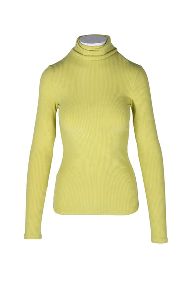 front angle unlabeled chartreuse rib knit pullover top on feminine mannequin torso featuring turtleneck collar, fitted silhouette, and stretchy fabric.