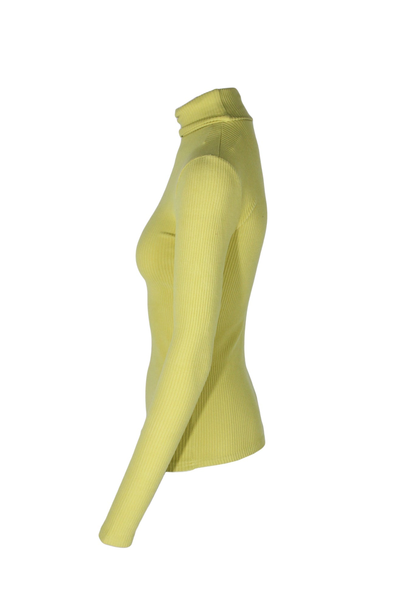 side angle unlabeled chartreuse rib knit top on feminine mannequin torso.