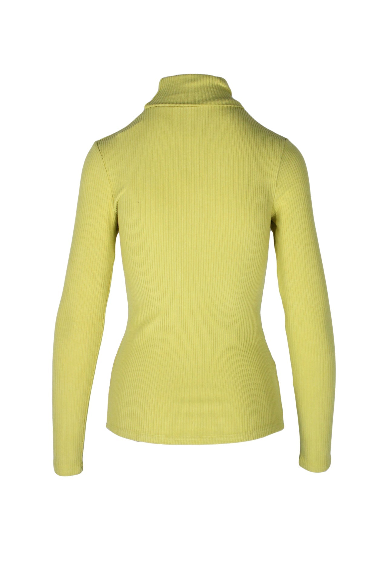 back angle unlabeled chartreuse rib knit top on feminine mannequin torso.