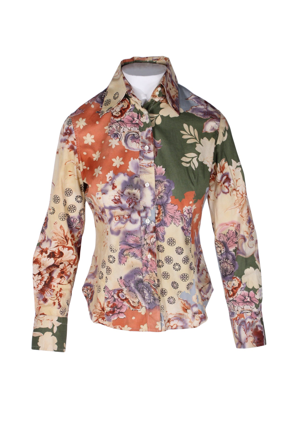 front angle of long sleeve floral button up blouse. features long pointed collar, all over abstract print, button closure up center, and darts and waist. 