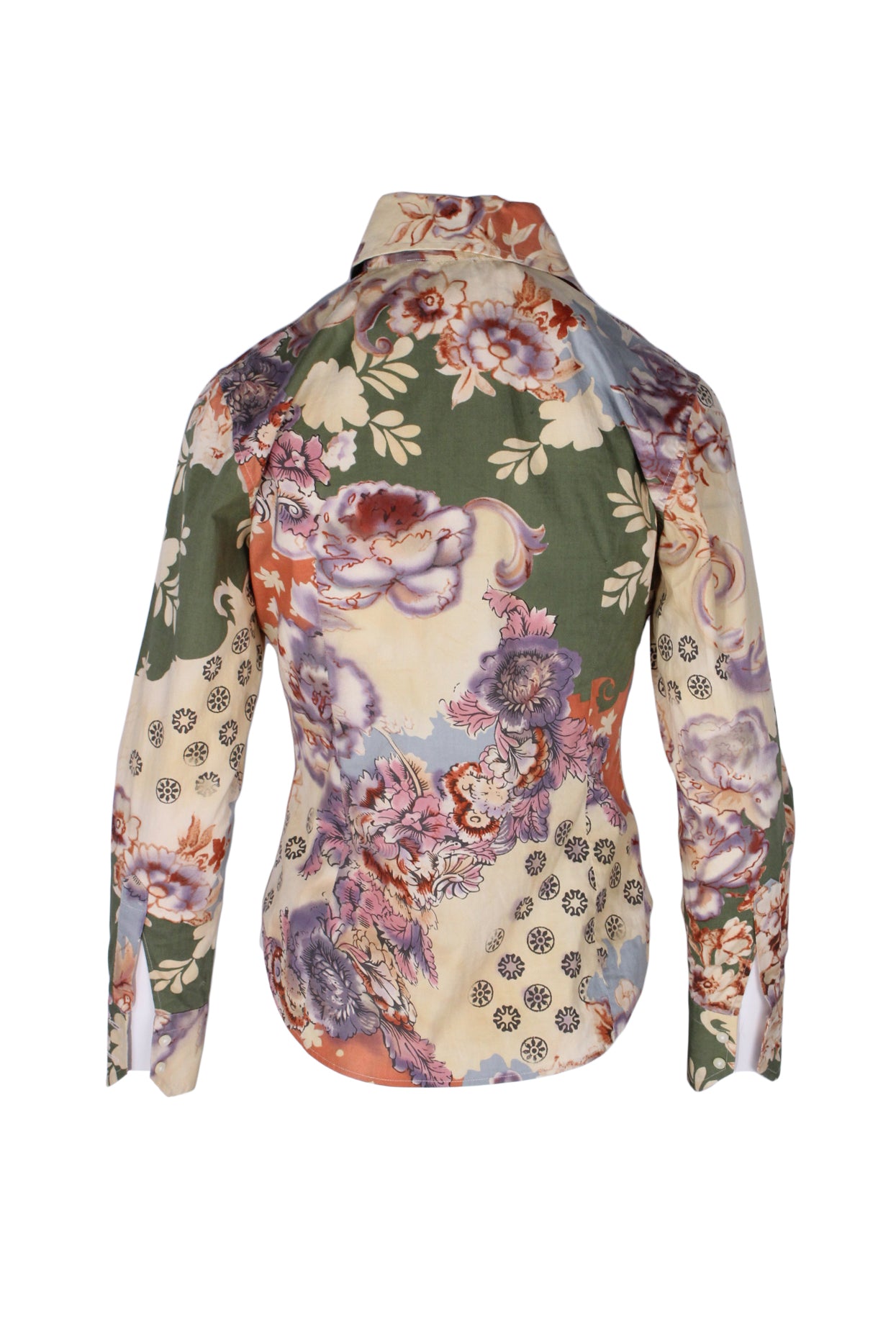 back angle of long sleeve abstract floral button up shirt. features darts at waist and buttoned cuffs. 