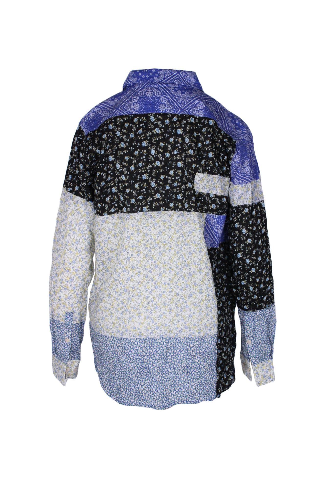 rear of blue long sleeve shirt highlighting the contrasting floral themed patched construction. 