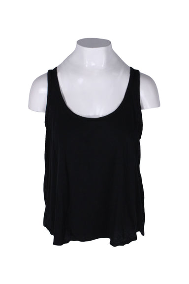front angle nsf black cotton slub tank on feminine mannequin torso featuring oval neckline, frayed high-low hem, and boxy silhouette. 