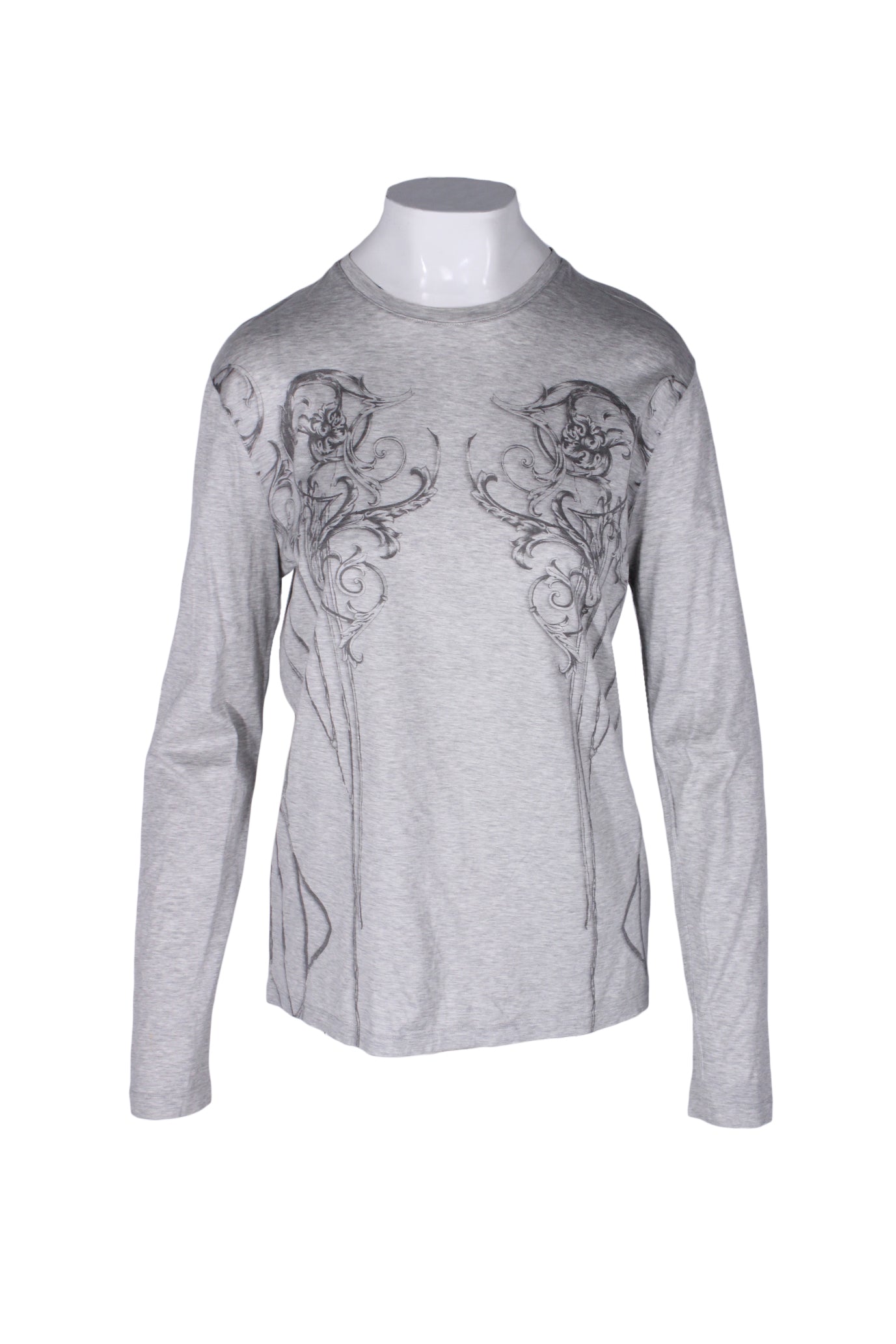 front angle versace collection light heather gray long sleeve t-shirt on feminine mannequin torso featuring charcoal scrollwork front graphics and crew collar.
