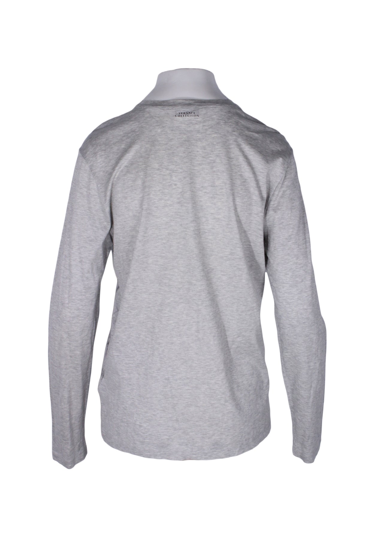 back angle versace collection light heather gray long sleeve t-shirt on feminine mannequin torso featuring 'versace collection' text at neckline.